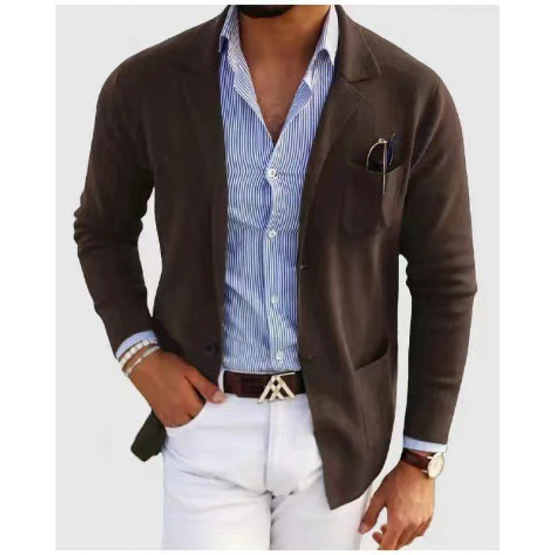 Herren lässiger Strickblazer im Sakko-Stil mit Brusttasche und aufgesetzten Taschen EB