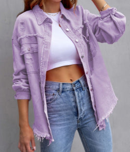 Damen Stylische Overshirt-Jacke mit fransigem Saum EB