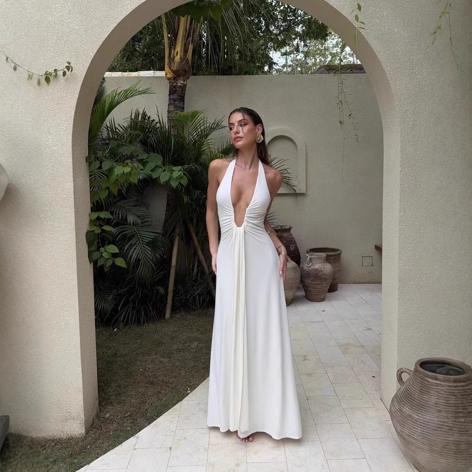 Elegantes Damen Maxikleid mit Tiefem V-Ausschnitt & Rüschendesign für Abend & Events | EB