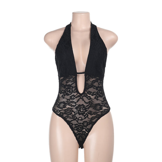 Damen eleganter Spitzenbadeanzug mit tiefem V-Ausschnitt und Rückenschlitz EB