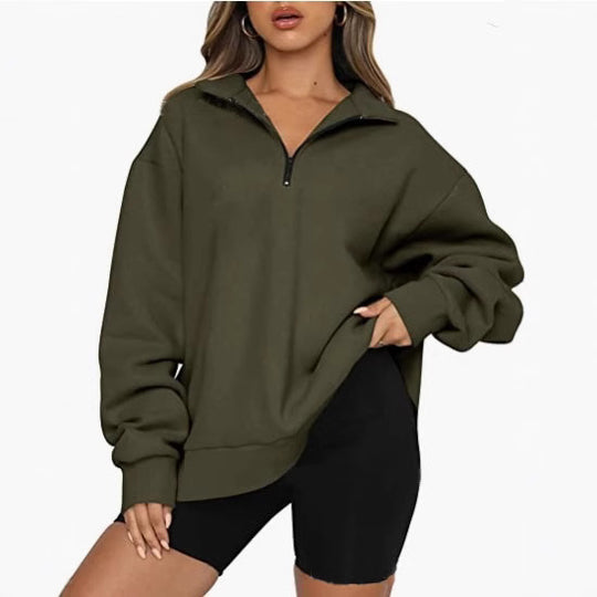 Damen nan oversized Sweatshirt mit halbem Reißverschluss, Stehkragen und überschnittener Schulter EB