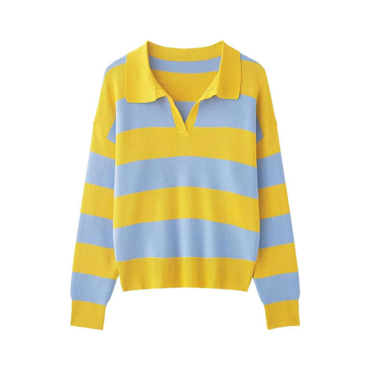 Damen nan gestreifter Rugby-Pullover mit Polokragen, V‑Ausschnitt und verlängerten Rippbündchen EB