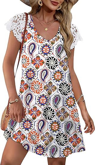 Damen Sommerkleid mit eleganten Spitzenärmeln und floralem Muster EB