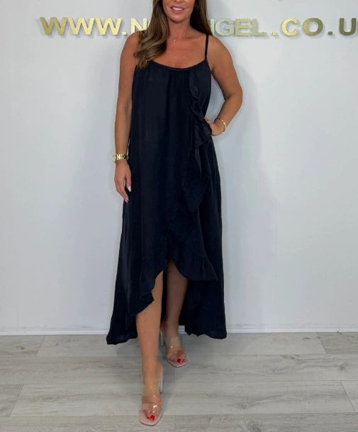 Damen Langarm Maxikleid mit asymmetrischem Saum und Rüsche EB