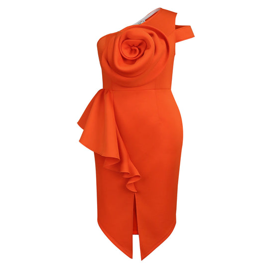 Damen Elegantes One-Shoulder Kleid mit Zierblüte und asymmetrischem Saum EB