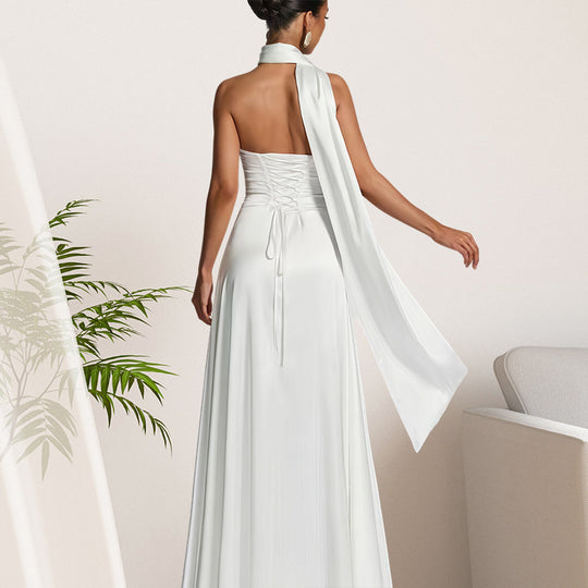 Damen Bandeau-Maxikleid mit schickem Halsschmuck und fließendem Satin EB