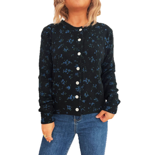 Damen gemütliche Strickjacke mit floralen Mustern und Knopfverschluss EB