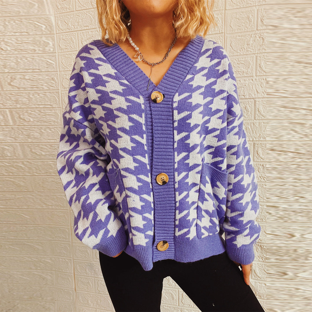 Damen gemütlicher Strickcardigan mit modernen Hahnentrittmuster und Knopfdetails EB