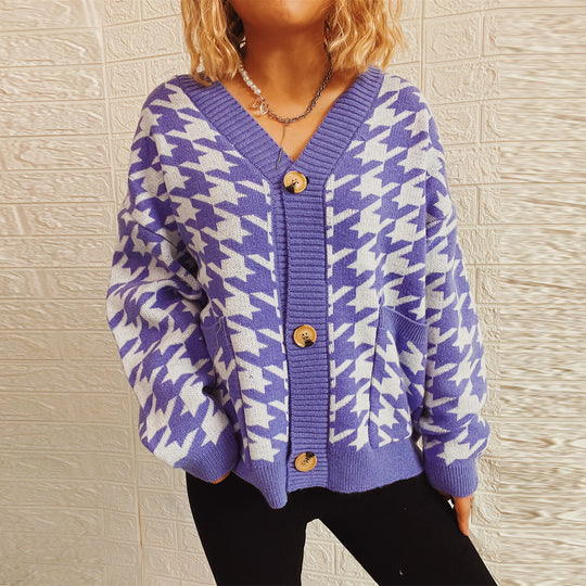 Damen gemütlicher Strickcardigan mit modernen Hahnentrittmuster und Knopfdetails EB
