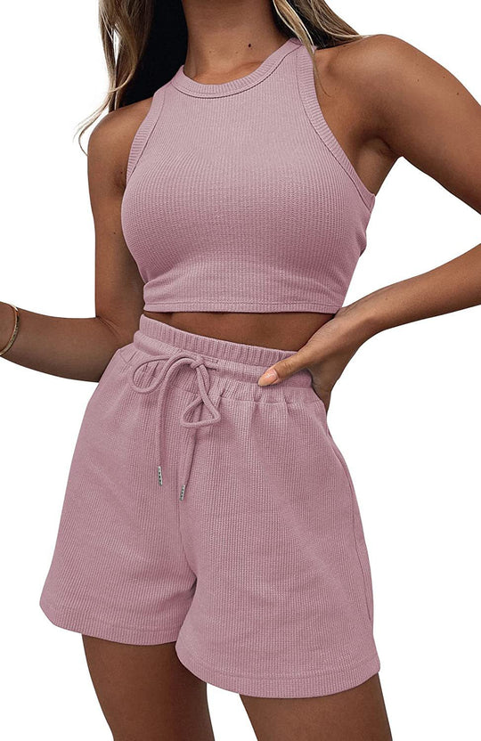 Damen sportliches Zweiteiliges Kurz-Outfit mit Rippstruktur EB