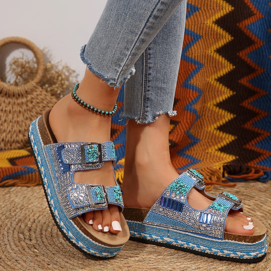 Damen modische Plateau-Sandalen mit glitzernden Details und verstellbaren Riemen EB