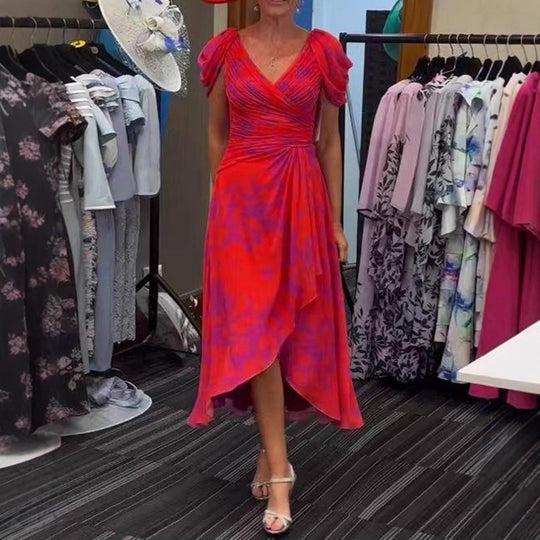 Damen nan festliches Chiffon-Midikleid mit gekreuztem V-Ausschnitt, taillenraffung und asymmetrischem Tulpenrock EB