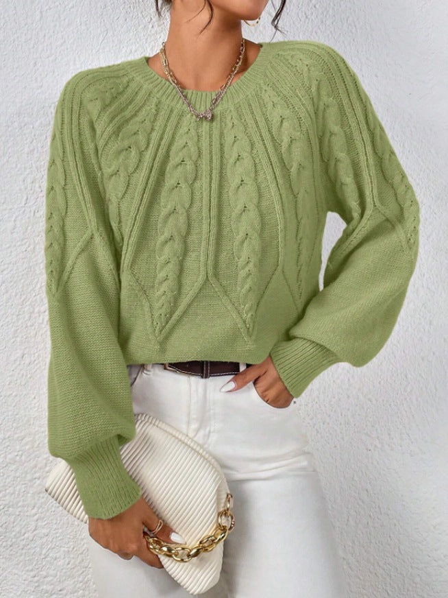 Damen nan kurzer Zopfmuster-Strickpullover mit Ballonärmeln und geripptem Saum EB