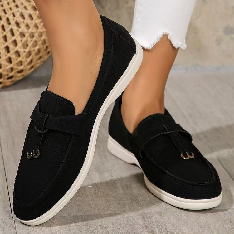 Damen elegante Mokassin-Loafer mit dekorativer Ringschlaufe, weichem Komfortfußbett und flexibler Leichtsohle EB