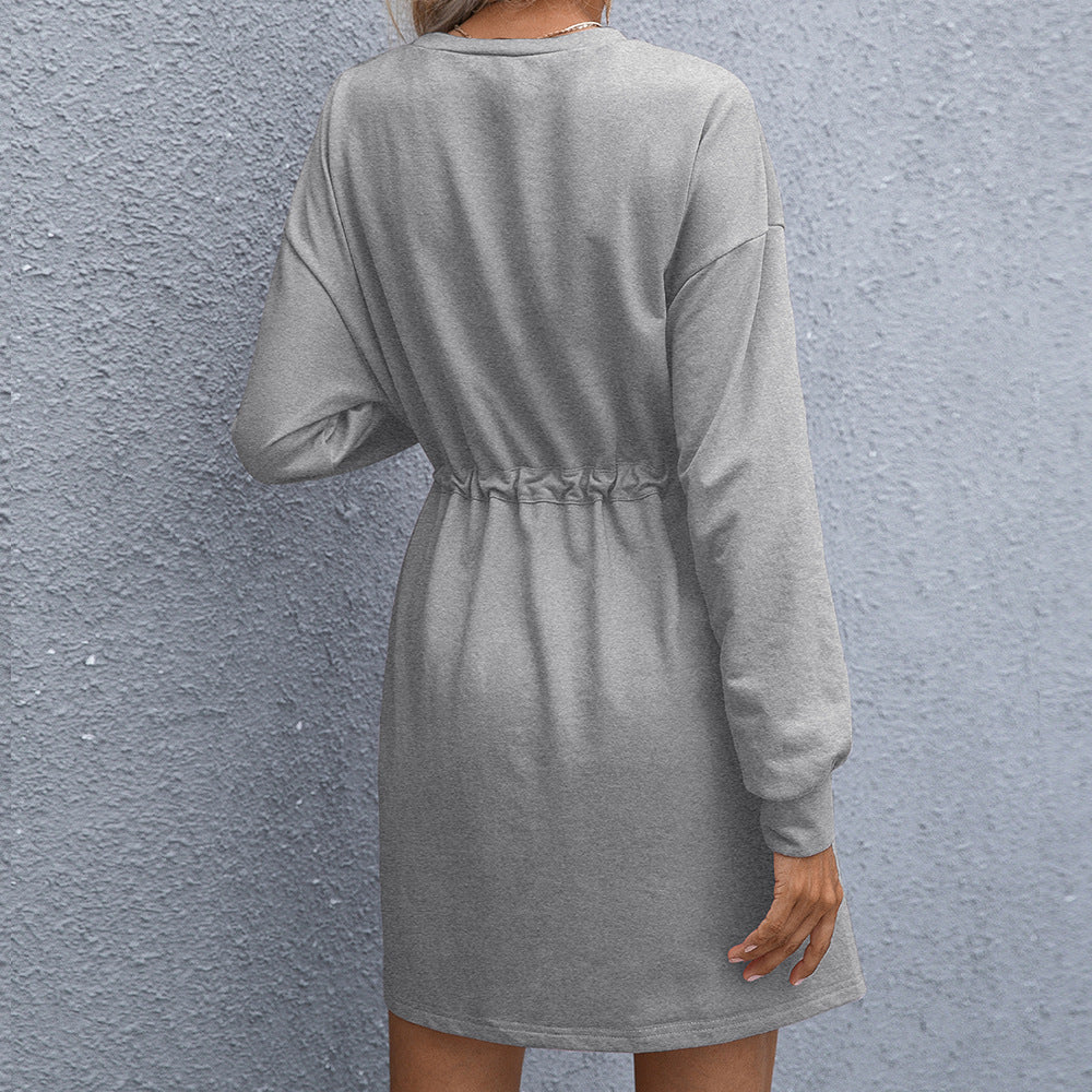 Damen lässiges Sweatshirt-Kleid mit praktischer Taillenschnürung und seitlichen Taschen EB