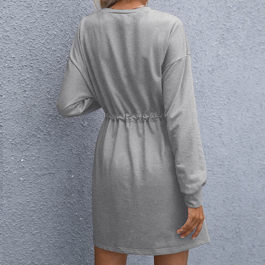 Damen lässiges Sweatshirt-Kleid mit praktischer Taillenschnürung und seitlichen Taschen EB