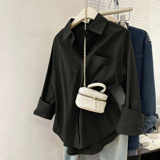 Damen nan oversized Hemdbluse mit Brusttasche, umgeschlagenen Ärmeln und relaxed Fit EB