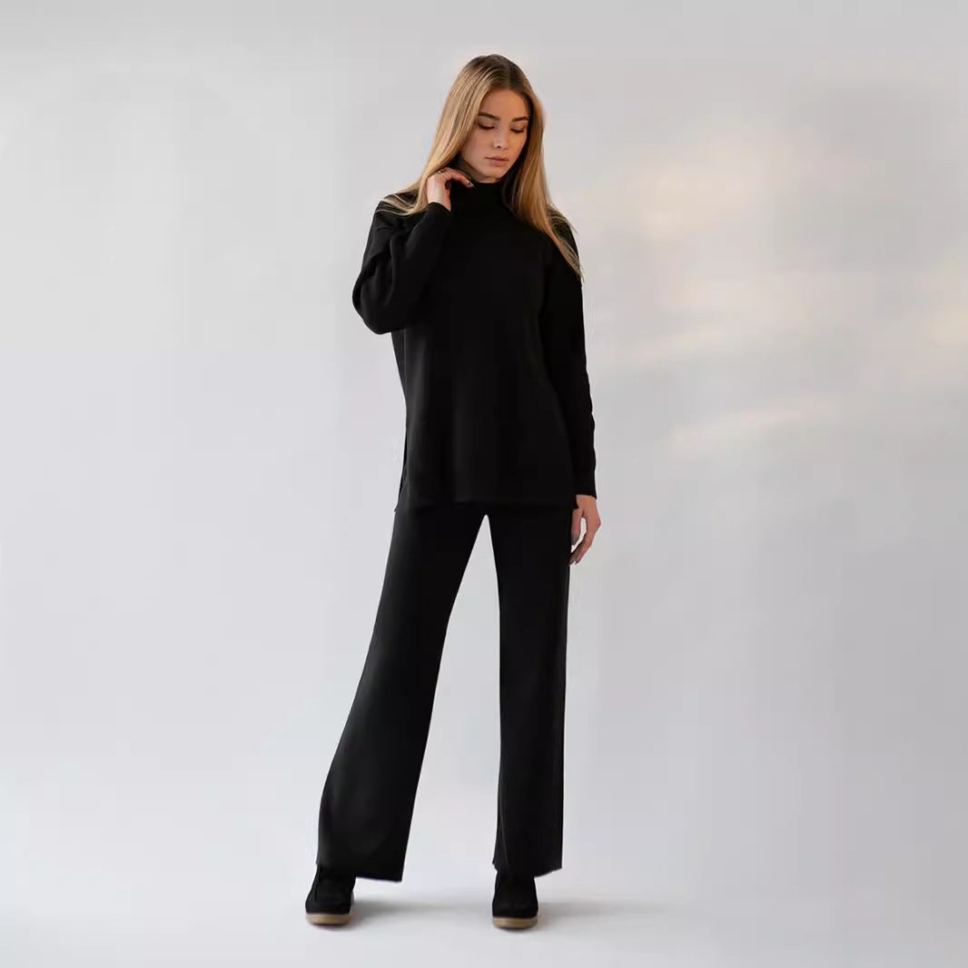 Damen weicher Strickanzug mit hohem Kragen und geradem Schnitt EB