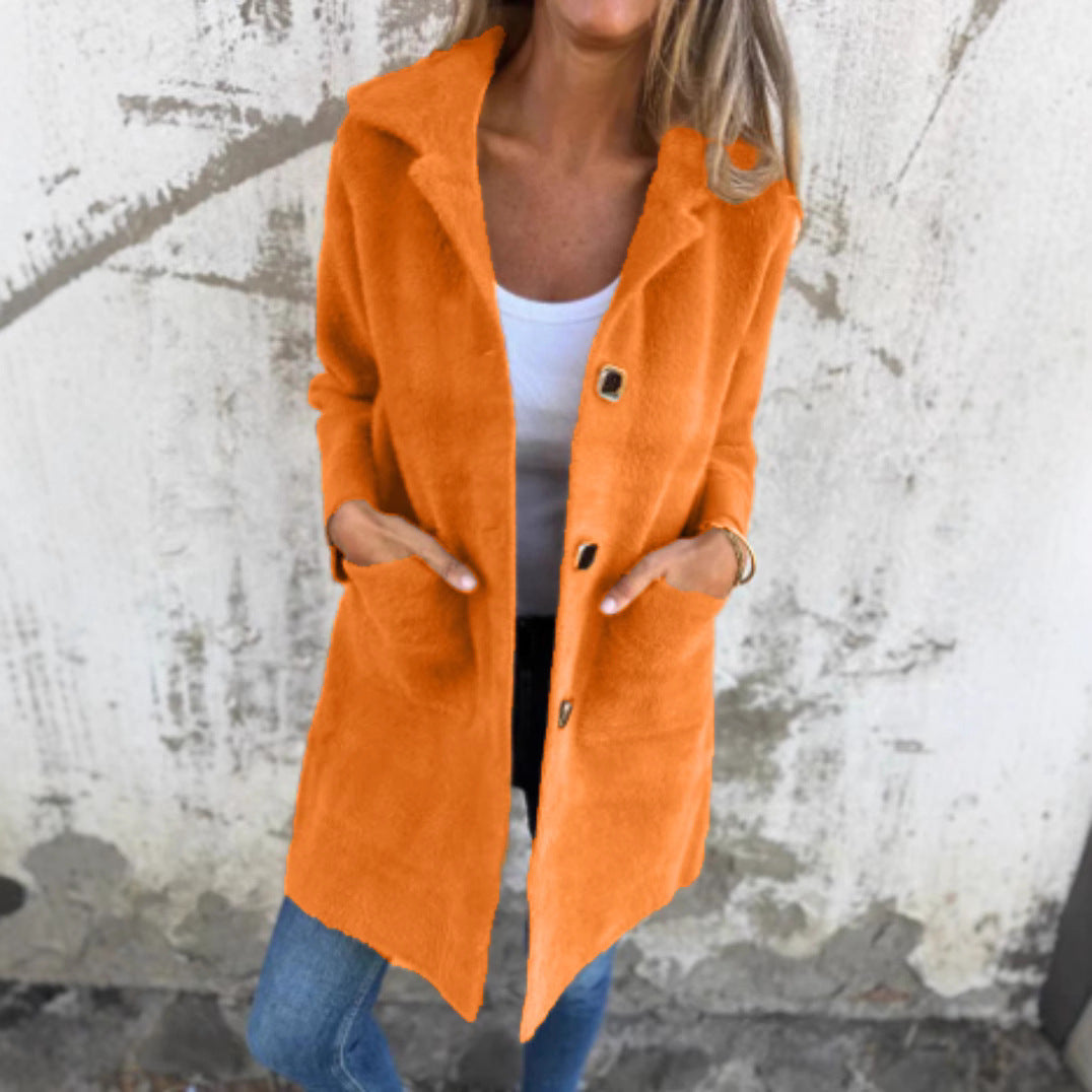 Damen Teddy-Mantel mit Oversize-Kragen, dekorativen Knöpfen und Eingrifftaschen EB