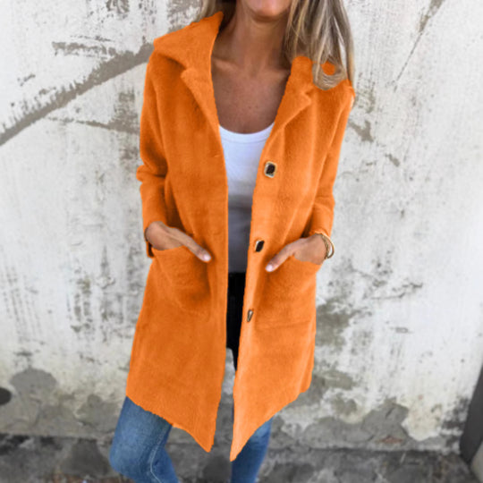 Damen Teddy-Mantel mit Oversize-Kragen, dekorativen Knöpfen und Eingrifftaschen EB