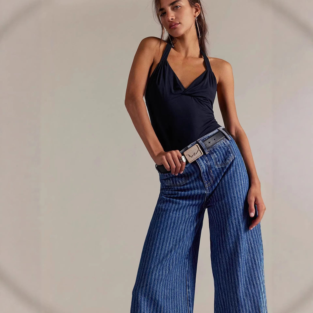 Damen Elegante weit geschnittene Jeans mit aufgenähten Streifen EB
