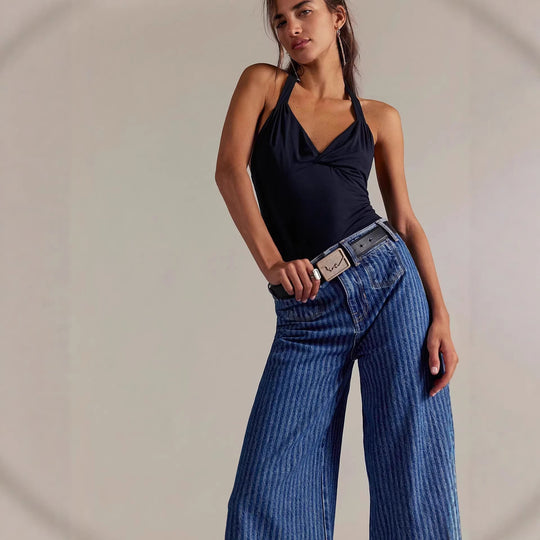 Damen Elegante weit geschnittene Jeans mit aufgenähten Streifen EB