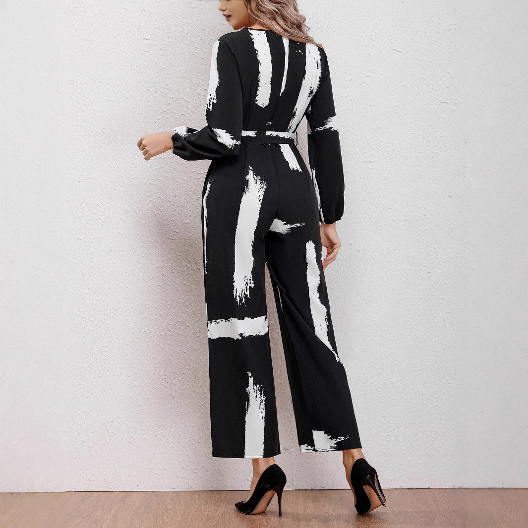 Damen Jumpsuit mit modernen Pinselstrich-Design und Gürtel EB