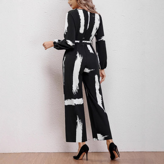 Damen Jumpsuit mit modernen Pinselstrich-Design und Gürtel EB