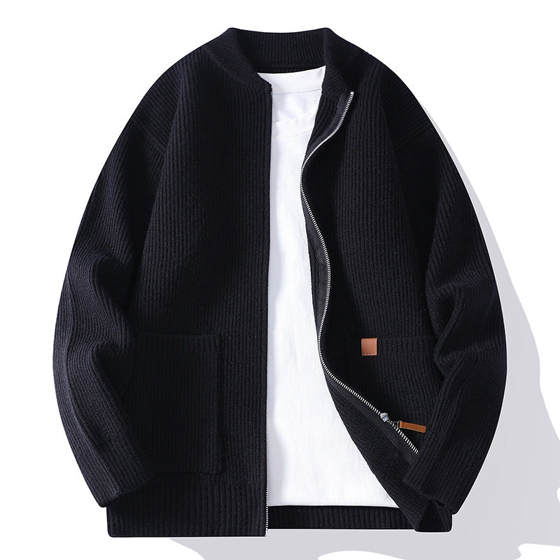 Herren nan gerippte Strickjacke mit durchgehendem Reißverschluss und aufgesetzten Taschen EB