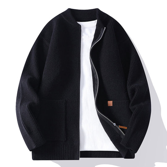 Herren nan gerippte Strickjacke mit durchgehendem Reißverschluss und aufgesetzten Taschen EB