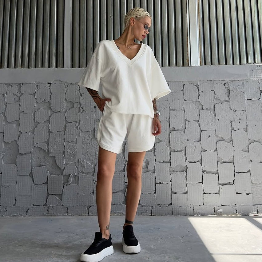 Damen lässiges Oberteil und Shorts-Set mit V-Ausschnitt und weitem Schnitt EB