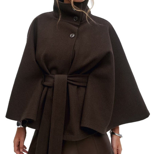 Damen moderne Cape-Jacke mit abnehmbarem Gürtel und hohem Kragen EB