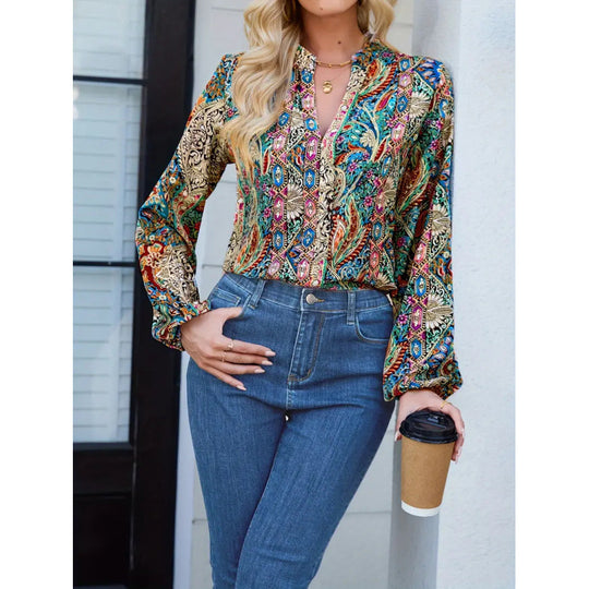 Damen elegante Bluse mit buntem Print und extravaganten Puffärmeln EB