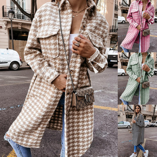 Damen Hahnentritt-Muster Oversized Hemdjacke EB