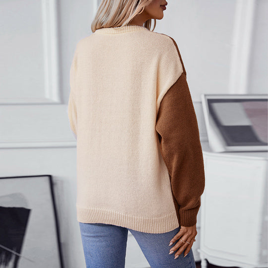 Damen modischer Pullover mit strukturiertem Zopfmuster und innovativem Farbblockdesign EB