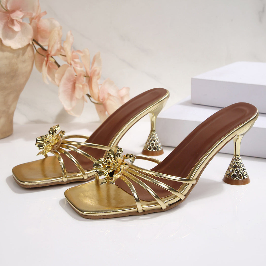 Damen elegante Slingback-Pantoletten mit floralem Design und funkelndem Absatz EB