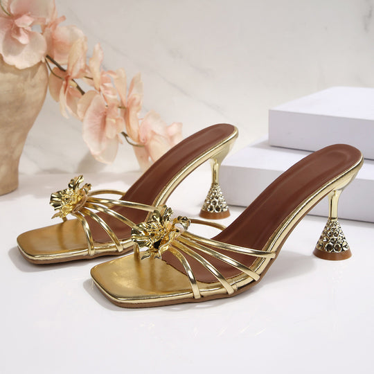 Damen elegante Slingback-Pantoletten mit floralem Design und funkelndem Absatz EB