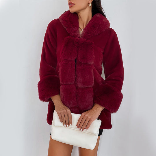 Damen Flauschige Kunstpelzjacke mit Kapuze und dekorativen Details EB