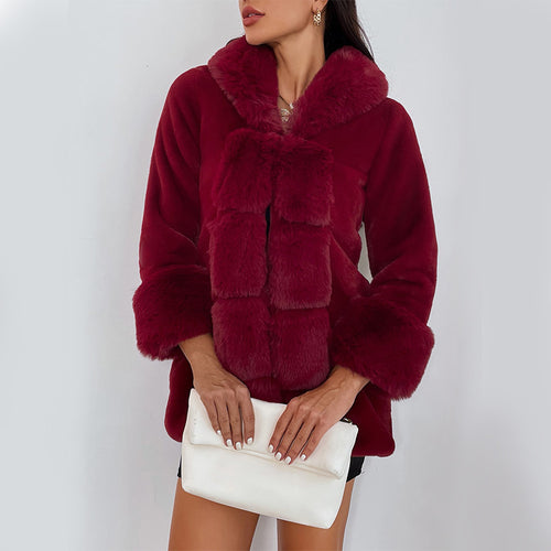 Damen Flauschige Kunstpelzjacke mit Kapuze und dekorativen Details EB