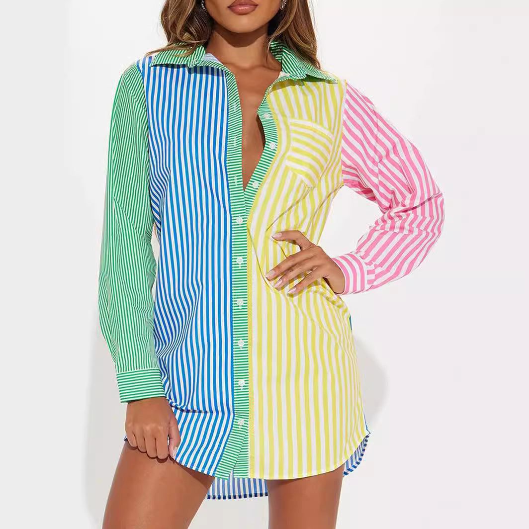 Damen Oversize Hemdblusenkleid mit mehrfarbigem Streifenblock EB