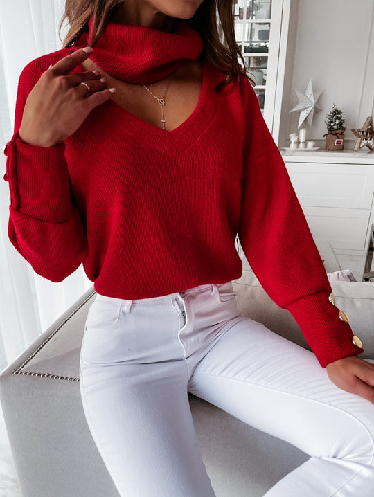 Damen eleganter Pullover mit hochwertigem Halsausschnitt und schicken Druckknöpfen EB