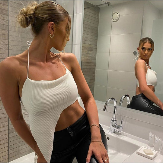 Damen asymmetrisches Crop-Top mit feinem Rippdesign und tiefem Ausschnitt EB