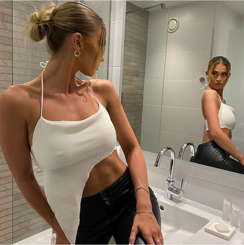 Damen asymmetrisches Crop-Top mit feinem Rippdesign und tiefem Ausschnitt EB