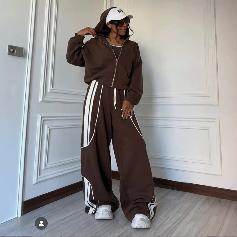 Damen Oversize Kapuzen-Sweatjacke mit Reißverschluss und weitem Trackpant-Set EB