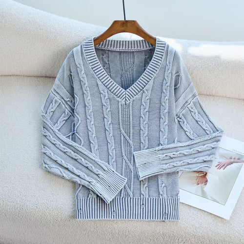 Damen Modischer Strickpullover mit V-Ausschnitt und Zopfmuster EB