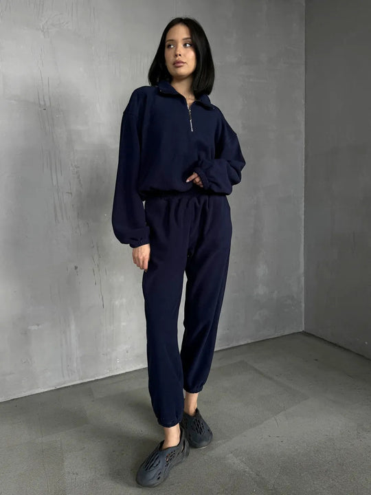 Damen lässiges Fleece-Jogginganzug Set mit Stehkragen und halbhohem Reißverschluss EB