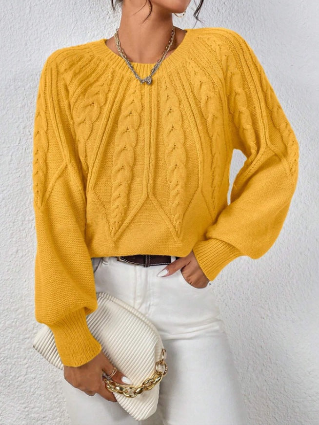 Damen nan kurzer Zopfmuster-Strickpullover mit Ballonärmeln und geripptem Saum EB