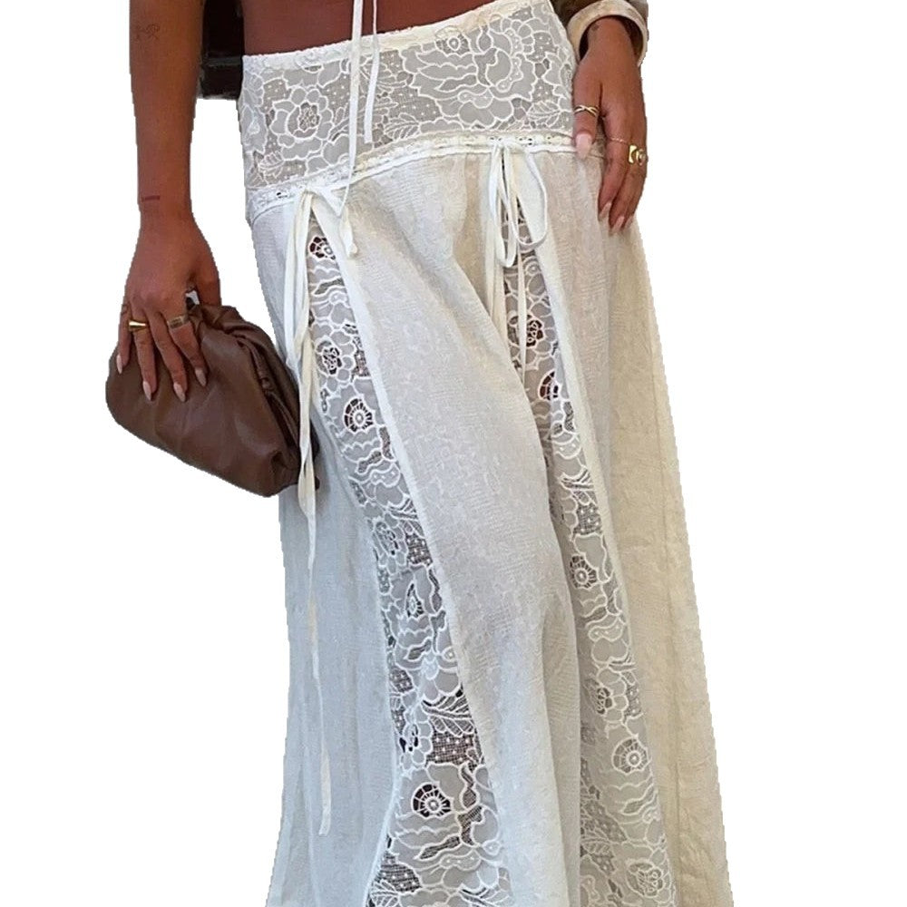 Damen Maxi-Rock mit elegantem Spitzen-Design und seitlichen Bändern EB