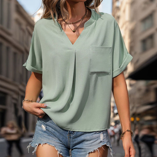 Damen Lässiges V-Ausschnitt Blusenshirt mit Brusttasche und umgeschlagenen Ärmeln EB