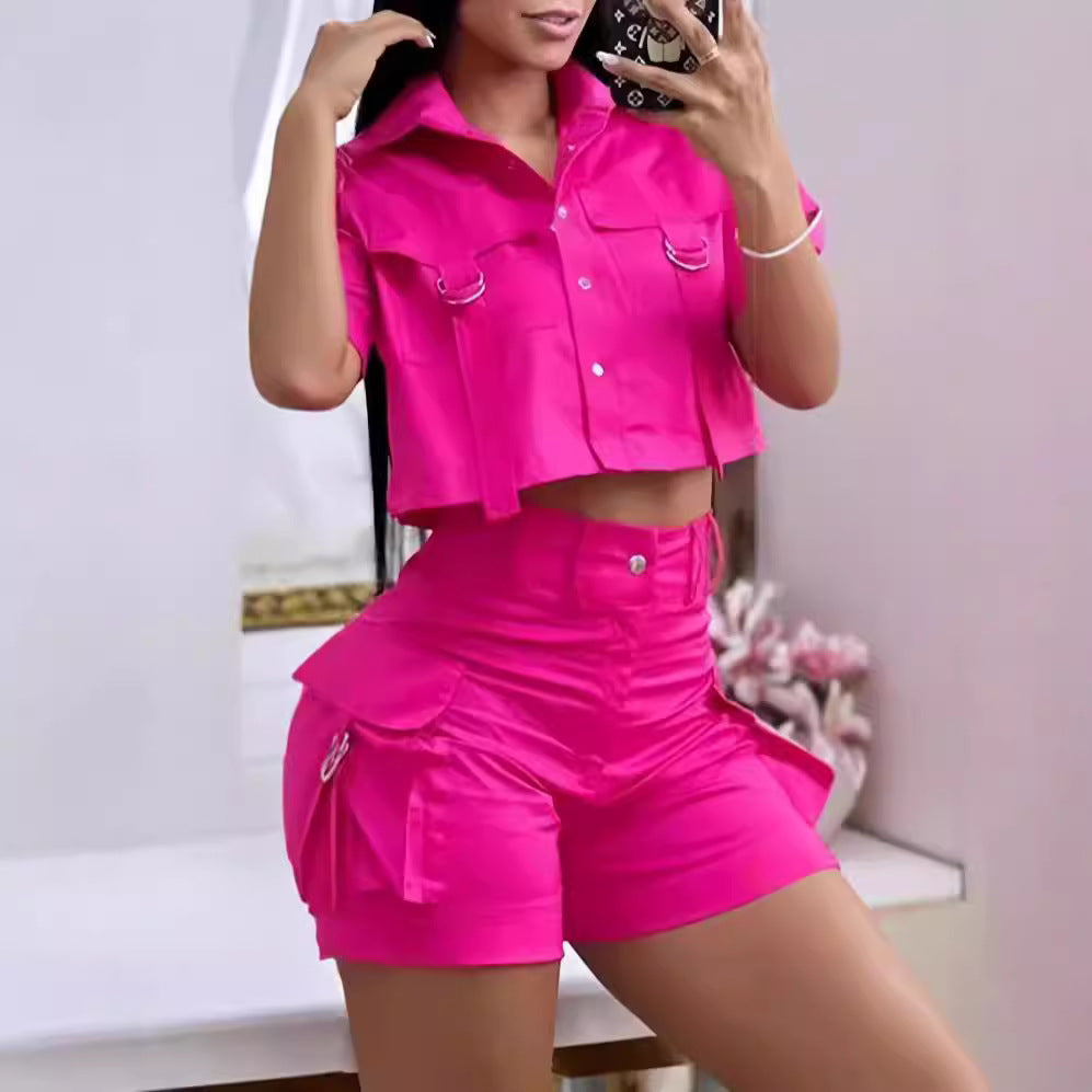 Damen Modisches Zweiteiliges Set mit cropped Oberteil und praktischen Cargo-Shorts EB